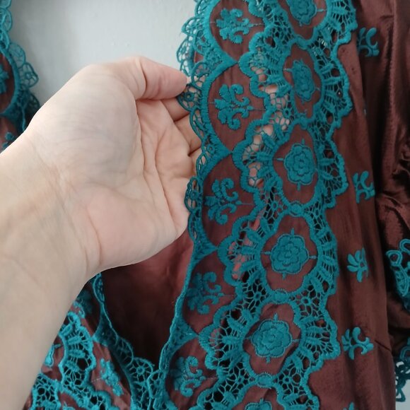 VTG Betsey Johnson Size 8 Women's‎ 100% Silk Dress Brown Blue Crochet Midi Lined - Picture 10 of 16